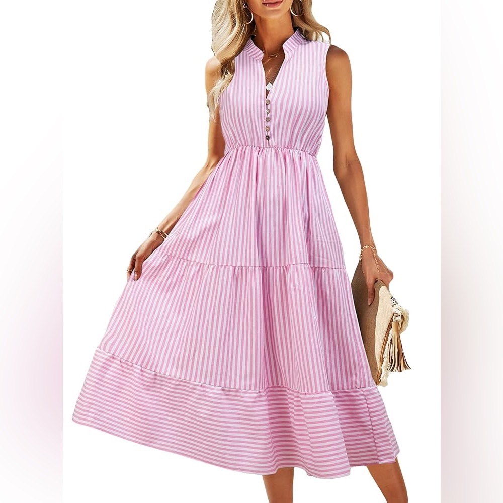 Pink Striped Sleeveless Tiered Midi Dress Boho Cottagecore Sun Dress L